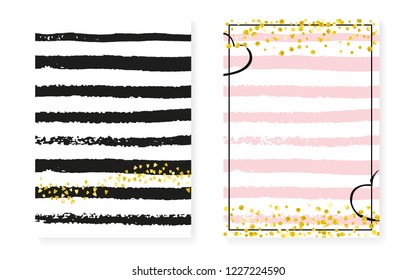 Bridal shower card with dots and sequins. Wedding invitation set with gold glitter confetti. Vertical stripes background. Stylish bridal shower card for party, event, save the date flyer.