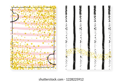 Bridal shower card with dots and sequins. Wedding invitation set with gold glitter confetti. Vertical stripes background. Retro bridal shower card for party, event, save the date flyer.