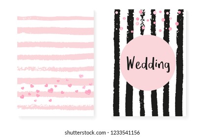 Bridal shower card with dots and sequins. Wedding invitation set with pink glitter confetti. Vertical stripes background. Fashion bridal shower card for party, event, save the date flyer.