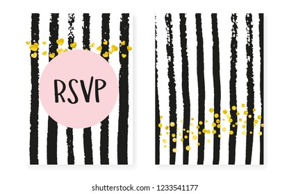 Bridal shower card with dots and sequins. Wedding invitation set with gold glitter confetti. Vertical stripes background. Creative bridal shower card for party, event, save the date flyer.