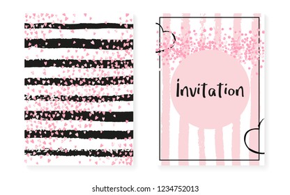 Bridal shower card with dots and sequins. Wedding invitation set with pink glitter confetti. Vertical stripes background. Elegant bridal shower card for party, event, save the date flyer.