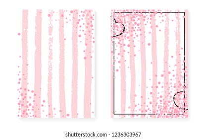 Bridal shower card with dots and sequins. Wedding invitation set with pink glitter confetti. Vertical stripes background. Stylish bridal shower card for party, event, save the date flyer.