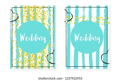 Bridal shower card with dots and sequins. Wedding invitation set with gold glitter confetti. Vertical stripes background. Tender bridal shower card for party, event, save the date flyer.