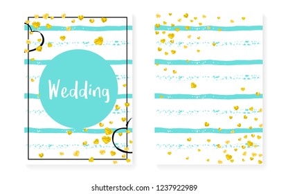 Bridal shower card with dots and sequins. Wedding invitation set with gold glitter confetti. Vertical stripes background. Tender bridal shower card for party, event, save the date flyer.