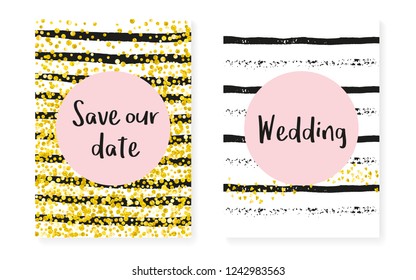 Bridal shower card with dots and sequins. Wedding invitation set with gold glitter confetti. Vertical stripes background. Tender bridal shower card for party, event, save the date flyer.