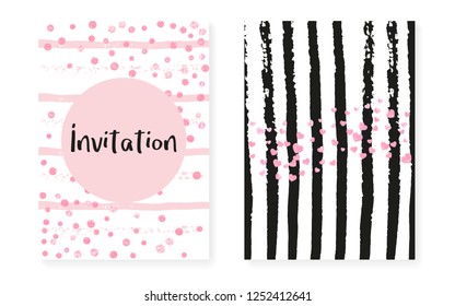 Bridal shower card with dots and sequins. Wedding invitation set with pink glitter confetti. Vertical stripes background. Elegant bridal shower card for party, event, save the date flyer.