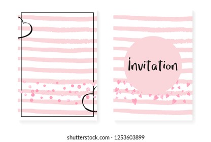 Bridal shower card with dots and sequins. Wedding invitation set with pink glitter confetti. Vertical stripes background. Stylish bridal shower card for party, event, save the date flyer.