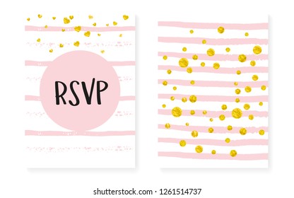 Bridal shower card with dots and sequins. Wedding invitation set with gold glitter confetti. Vertical stripes background. Retro bridal shower card for party, event, save the date flyer.