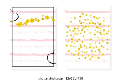 Bridal shower card with dots and sequins. Wedding invitation set with gold glitter confetti. Vertical stripes background. Creative bridal shower card for party, event, save the date flyer.