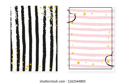 Bridal shower card with dots and sequins. Wedding invitation set with gold glitter confetti. Vertical stripes background. Elegant bridal shower card for party, event, save the date flyer.
