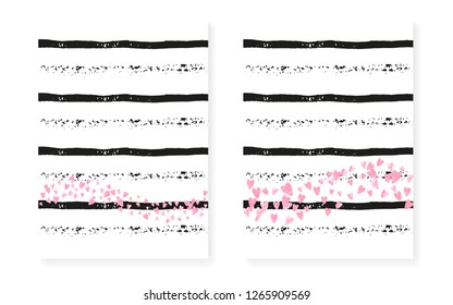 Bridal shower card with dots and sequins. Wedding invitation set with pink glitter confetti. Vertical stripes background. Tender bridal shower card for party, event, save the date flyer.