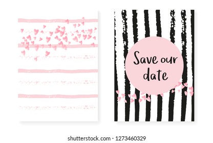 Bridal shower card with dots and sequins. Wedding invitation set with pink glitter confetti. Vertical stripes background. Elegant bridal shower card for party, event, save the date flyer.