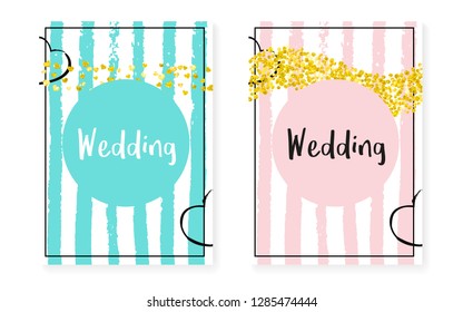Bridal shower card with dots and sequins. Wedding invitation set with gold glitter confetti. Vertical stripes background. Creative bridal shower card for party, event, save the date flyer.