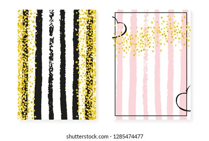 Bridal shower card with dots and sequins. Wedding invitation set with gold glitter confetti. Vertical stripes background. Luxury bridal shower card for party, event, save the date flyer.
