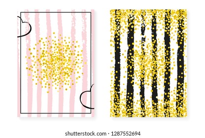 Bridal shower card with dots and sequins. Wedding invitation set with gold glitter confetti. Vertical stripes background. Trendy bridal shower card for party, event, save the date flyer.