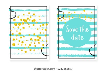 Bridal shower card with dots and sequins. Wedding invitation set with gold glitter confetti. Vertical stripes background. Trendy bridal shower card for party, event, save the date flyer.