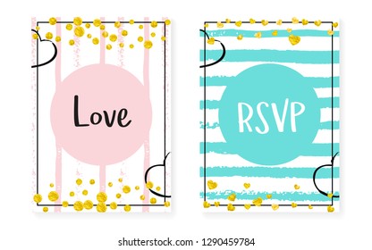 Bridal shower card with dots and sequins. Wedding invitation set with gold glitter confetti. Vertical stripes background. Trendy bridal shower card for party, event, save the date flyer.