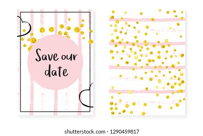 Bridal shower card with dots and sequins. Wedding invitation set with gold glitter confetti. Vertical stripes background. Stylish bridal shower card for party, event, save the date flyer.