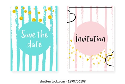 Bridal shower card with dots and sequins. Wedding invitation set with gold glitter confetti. Vertical stripes background. Vintage bridal shower card for party, event, save the date flyer.