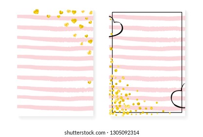 Bridal shower card with dots and sequins. Wedding invitation set with gold glitter confetti. Vertical stripes background. Tender bridal shower card for party, event, save the date flyer.