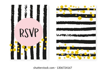 Bridal shower card with dots and sequins. Wedding invitation set with gold glitter confetti. Vertical stripes background. Hipster bridal shower card for party, event, save the date flyer.