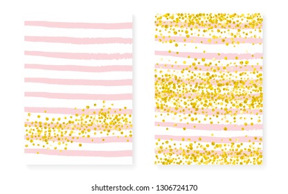 Bridal shower card with dots and sequins. Wedding invitation set with gold glitter confetti. Vertical stripes background. Fashion bridal shower card for party, event, save the date flyer.