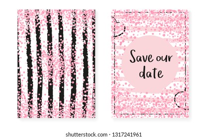 Bridal shower card with dots and sequins. Wedding invitation set with pink glitter confetti. Vertical stripes background. Vintage bridal shower card for party, event, save the date flyer.