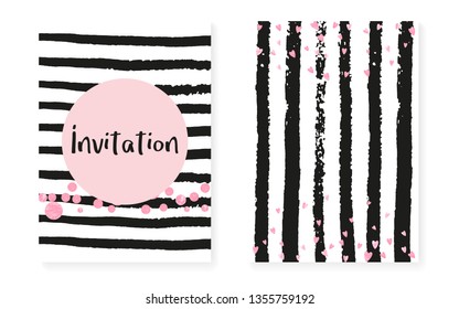 Bridal shower card with dots and sequins. Wedding invitation set with pink glitter confetti. Vertical stripes background. Vintage bridal shower card for party, event, save the date flyer.