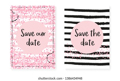 Bridal shower card with dots and sequins. Wedding invitation set with pink glitter confetti. Vertical stripes background. Trendy bridal shower card for party, event, save the date flyer.