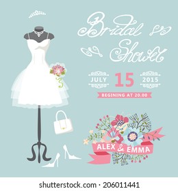  Bridal shower card with floral elements.The composition of wedding dresses ,Bridal veil, bouquet,handbags and high heel shoes.Cute wedding invitation.Fashion vector Illustration