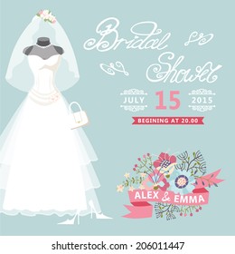  Bridal shower card with floral elements.The composition of wedding dresses ,Bridal veil, bouquet,handbags and high heel shoes.Vintage wedding invitation.Fashion vector Illustration