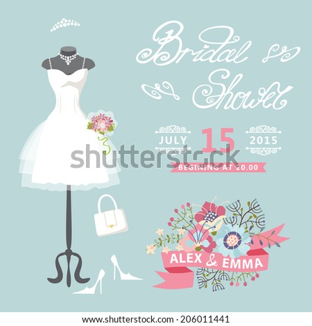  Bridal shower card with floral elements.The composition of wedding dresses ,Bridal veil, bouquet,handbags and high heel shoes.Cute wedding invitation.Fashion vector Illustration