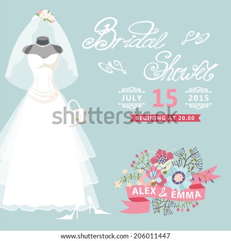  Bridal shower card with floral elements.The composition of wedding dresses ,Bridal veil, bouquet,handbags and high heel shoes.Vintage wedding invitation.Fashion vector Illustration