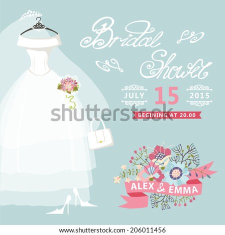  Bridal shower card with floral elements,bridal dress.The composition of wedding dress ,Bridal veil, bouquet,handbags and high heel shoes.Vintage wedding invitation.Fashion vector Illustration