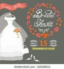  Bridal shower card with  wedding dress  and autumn wreath.Vintage wedding invitation.Fashion vector Illustration