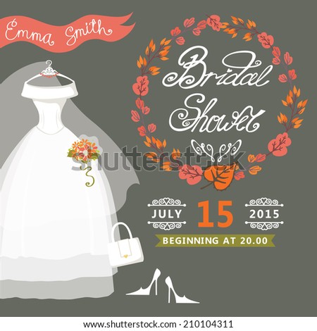  Bridal shower card with  wedding dress  and autumn wreath.Vintage wedding invitation.Fashion vector Illustration