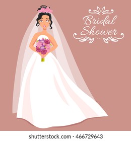 Bridal shower cartoon invitation with beautiful young bride in white dress and veil on rose background holding bouquet of roses  vector illustration