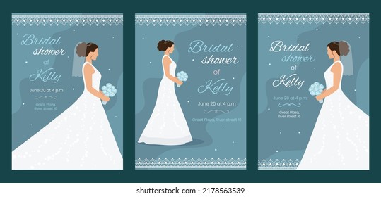 Bridal shower collection invitation cards. Bride in wedding dress with bouquet of flowers on blue pastel background. Invite template. Marriage concept. Vector illustration