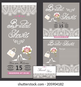 Bridal shower design templat set with wedding Paisley lace in Retro style with high heel shoes,handbags,Bridal bouquet.Set of invitation, postcard, business card,recipe card, thanksgiving.The vector.