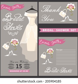 Bridal shower design templat set with wedding dress in Retro style with high heel shoes,handbags,Bridal bouquet.Set of invitation, postcard, business card,recipe card, thanksgiving.The vector.