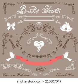 Bridal shower design template set.Swirling decor elements,pigeons,ribbons,arrows,wedding icons.For Wedding  invitation,postcard,save the date card.Borders,frame  in style of art Nouveau.Vector.