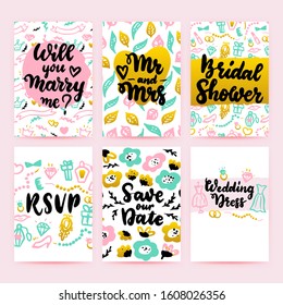 Bridal Shower Greeting Posters. Vector Illustration of Card Design with Lettering.