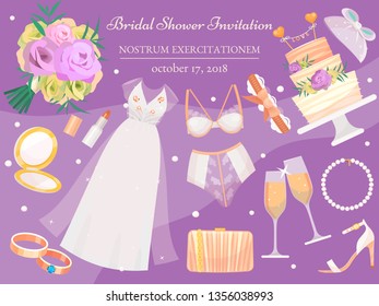 Bridal shower invitation banner vector illustration. Wedding accessories such as flower bouquet, dress, glasses with champagne, cake, underwear, shoes, engagement rings, lipstick.