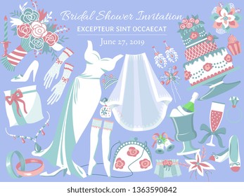 Bridal shower invitation banner vector illustration. Wedding accessories such as flower bouquet, dress, glasses with champagne, cake, shoes, engagement rings, gloves, necklace.