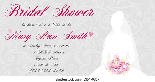 Bridal shower invitation with bride's silhouette on swirls light background
