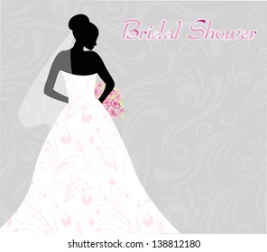 Bridal shower invitation with bride's silhouette on swirls light background
