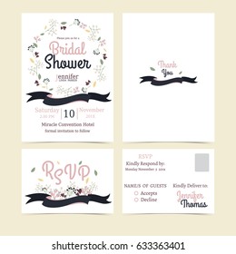 Bridal Shower invitation card with adorable floral wreath background.RSVP Card Pink,Green,Dark Blue Tone .Winter Concept Vector/Illustration
