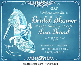 Bridal Shower invitation card with beautiful lace bride's shoe. Floral frame. Wedding invitation