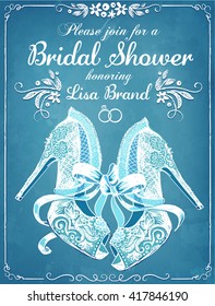Bridal Shower invitation card with beautiful lace bride's shoes. Floral frame. Wedding invitation