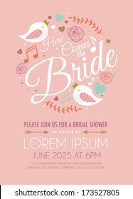 Bridal Shower Invitation Card with Bird on Pink Background